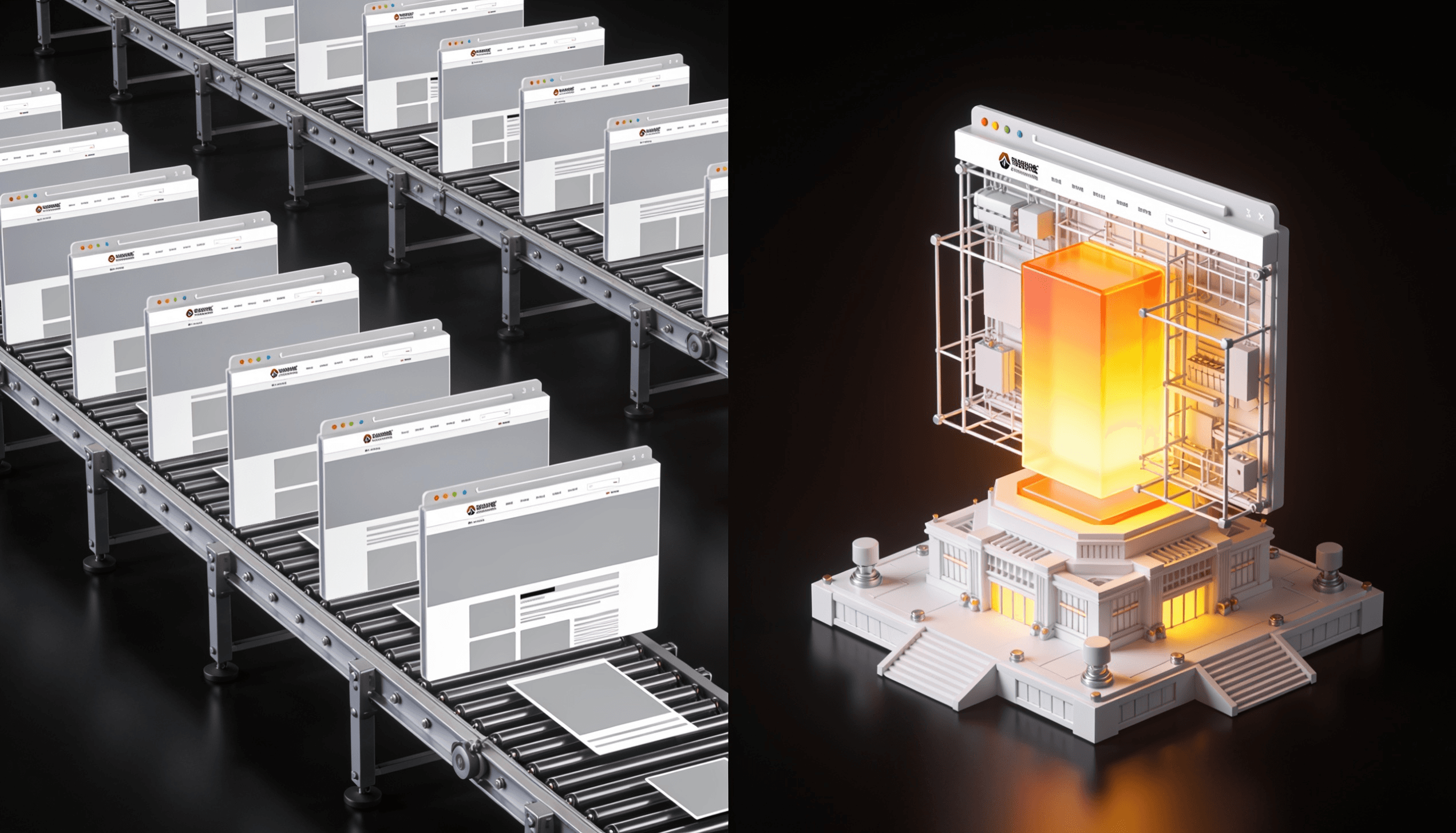 A template website set against a custom-built one, weighed across business requirements.
