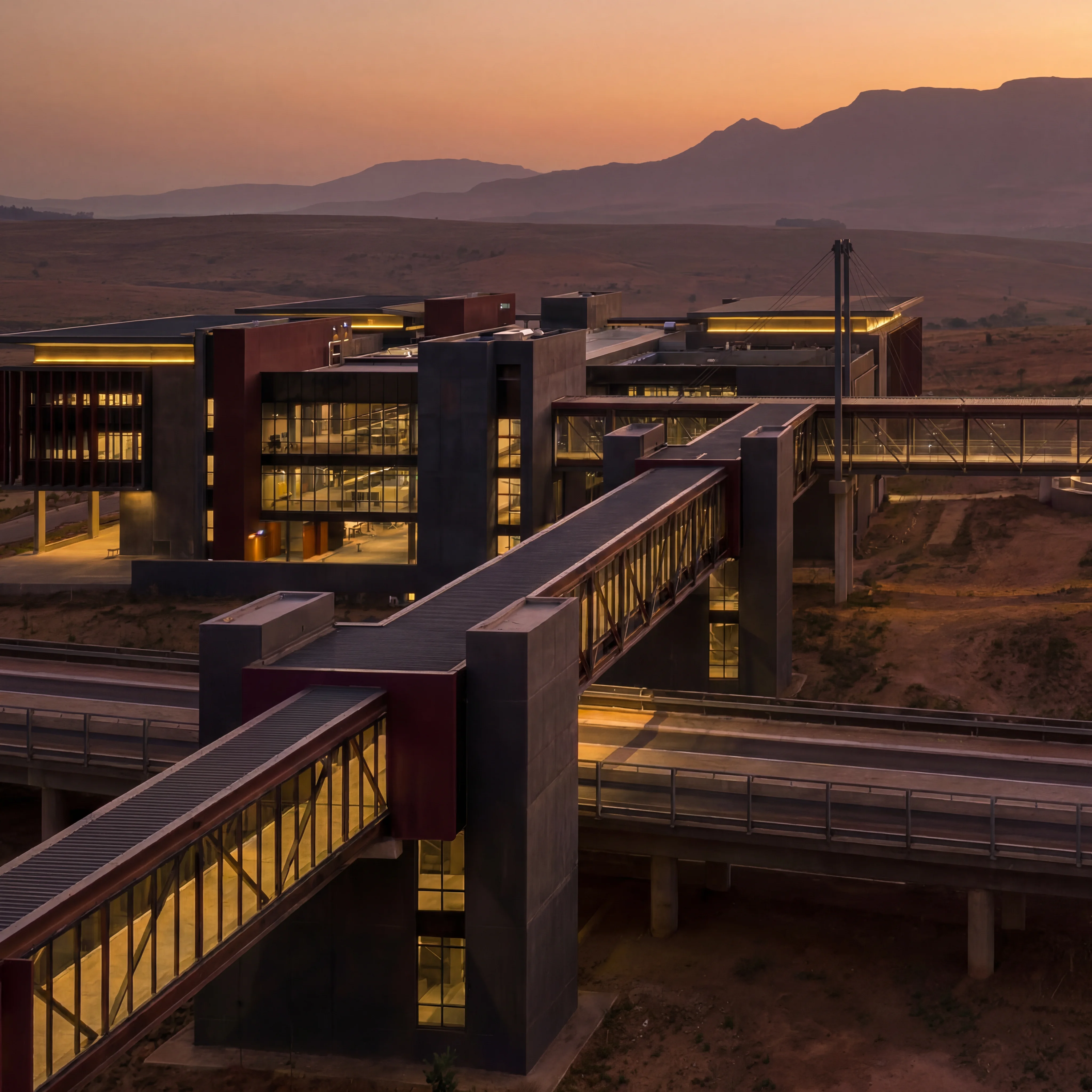 A large network of interconnected buildings and illuminated elevated passages at dusk.