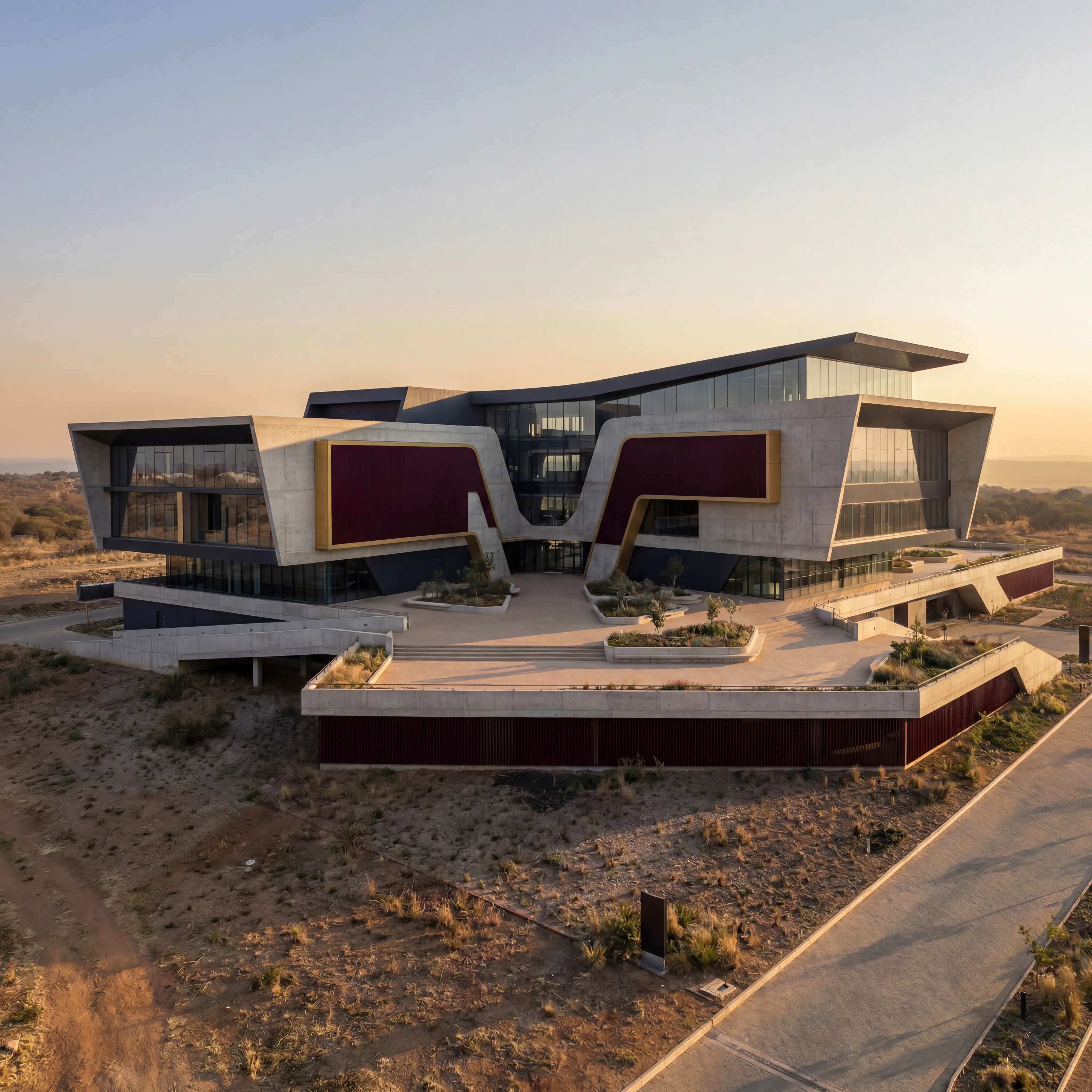 A monumental contemporary building with a distinctive sculptural silhouette.